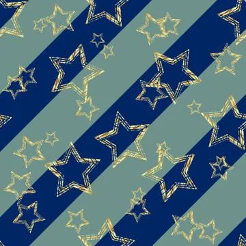Golden star seamless pattern. Golden star on blue and black diagonal lines ba Stock Illustration
