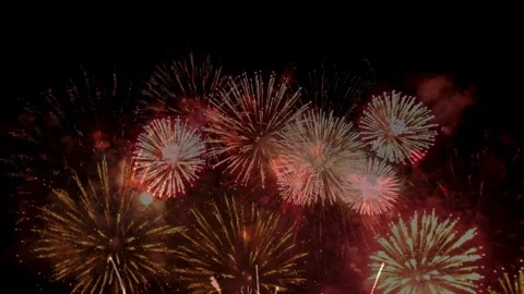 Golden Starburst Fireworks Exploding in the Pitch Black Night Sky Stock Footage 336900909