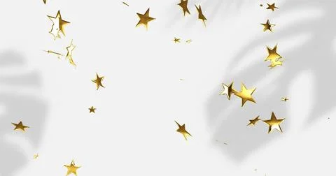 Golden stars image falling over shadows of palm leaves on white background Stock Illustration