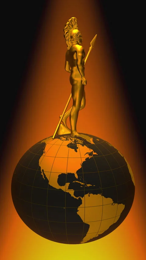 A golden statue of Ares orbiting a sphere (Earth). Stock Footage 345437711