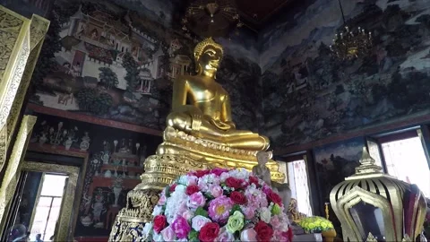 Golden statue of Buddha inside Temple Wat Bowonniwet, Bangkok, Thailand Stock Footage 161632437