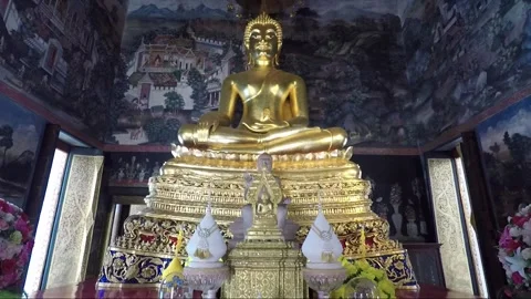 Golden statue of Buddha inside Temple Wat Bowonniwet, Bangkok, Thailand Stock Footage 161632765
