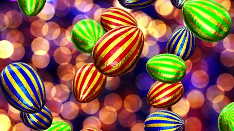 Golden striped Easter eggs falling from the top against colorful bokeh Stock Footage 220017929