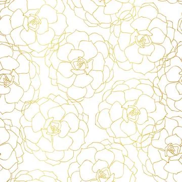 Golden succulent outline seamless pattern on white background Stock Illustration