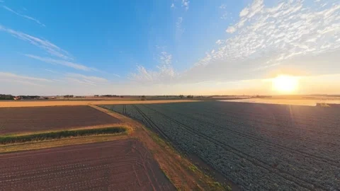 Golden sun dips low, casting warm hues across vast fields Vidéo 342588965