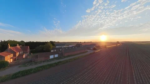 Golden sun dips low over vast, tilled fields Vidéo 342589262