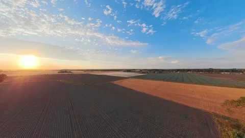 Golden sun dips low over vast, tilled fields 库存影片 342589753