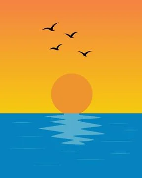 Golden sun dips low over calm ocean waves Stock Illustration