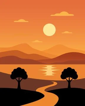 Golden sun dips low over layered hills Stock Illustration