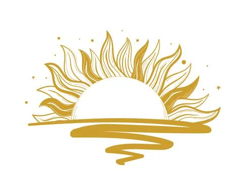 Golden sun with rays dissolves in water icon. Mystical boho sticker, vector hand Stock Illustration