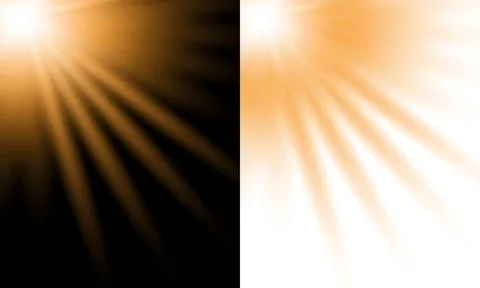 Golden sun rays light effect on black and white backgrounds for design overla Stock Illustration