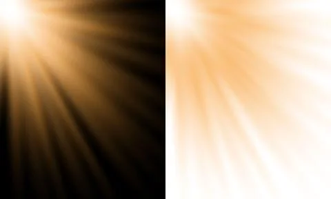 Golden sun rays light effect on black and white backgrounds for design overla Stock Illustration