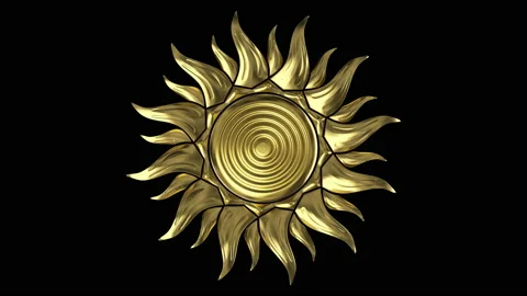 The golden sun. The rays rotate in a circle. On a black background. 3D render Stock Footage 160651720