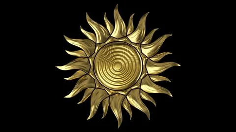 The golden sun. The rays rotate in a circle. On a black background. 3D render Stock Illustration
