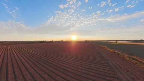 Golden sun sets over tilled farm rows 動画素材 342556578
