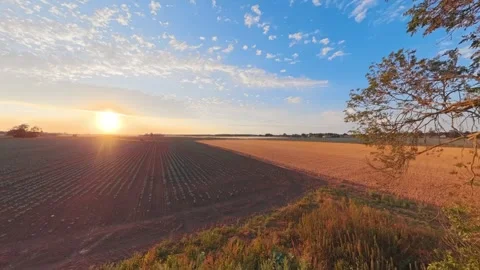 Golden sun sets over vast, tilled fields 库存影片 342590998