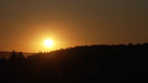 Golden sun setting behind a distant forest silhouette Stock Footage 346052889