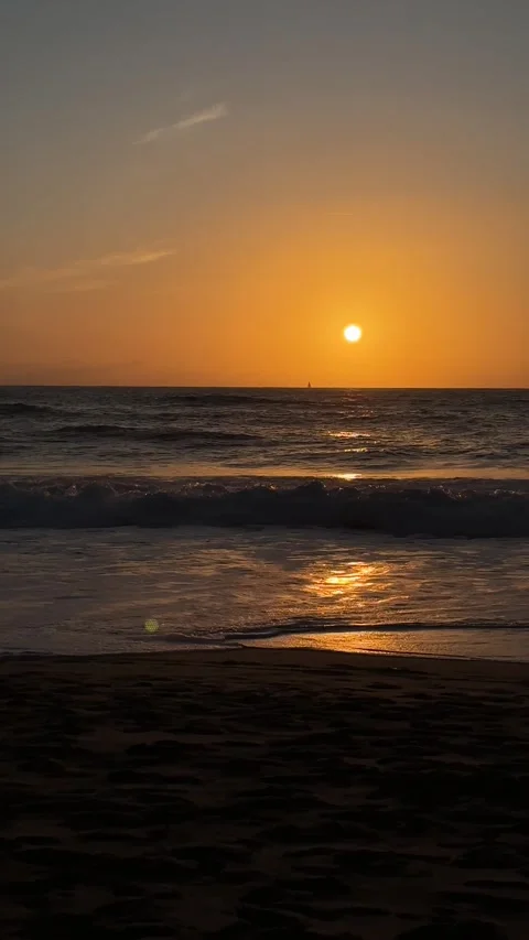 Golden sun setting over Atlantic Ocean waves on beach in Portugal Stock Footage 346582526