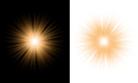 Golden sunburst light effect with glowing rays on black and white backgrounds Stock Illustration