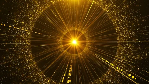 Golden sunburst particle ring background bright flare, radial rays, glitter circ Stock Footage 340399729