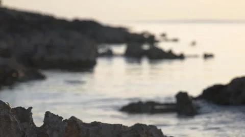 Golden sunlight illuminates rocky ocean shoreline with gentle waves washing Stock Footage 337415538