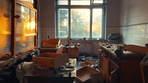 Golden Sunlight Through Broken Windows in Abandoned Laboratory Room | Empty Wood Stock Footage 339250491