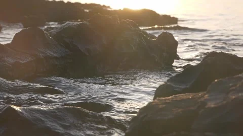 Golden sunlight washes over dark rocks along calm ocean coast Stock Footage 337410665