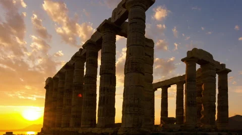 Golden sunset Ancient Temple of Poseidon Sounio Greece panolapse panning Stock Footage