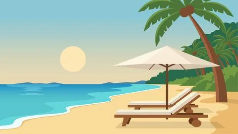 Golden Sunset Bali Beach Flat Design Illustration Illustrazione stock