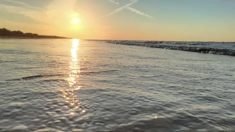 Golden Sunset Beach Waves Low Angle Sea Water Reflection Stock Footage 340215974