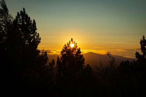 Golden sunset behind a tree with clouds and mountains in the background Stock-Fotos