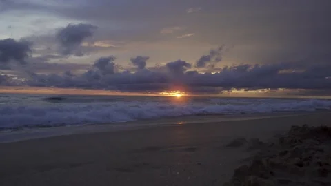 Golden sunset, Blue clouds, waves on sand Video stock 149070977