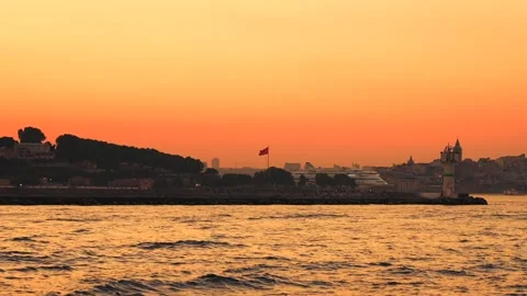 Golden sunset in the Bosphorus strait. Panoramic view of european side of Stock Footage 250094001