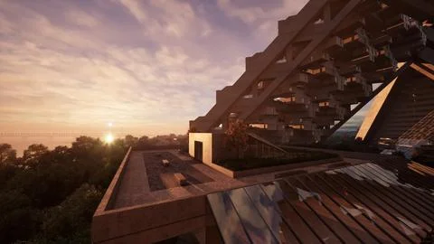 A golden sunset casting a warm glow on a modern cityscape Ilustración de archivo