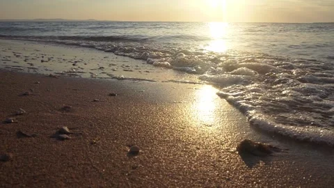 Golden sunset casting warm rays over gentle coastal sandy beach Stock Footage 337417365