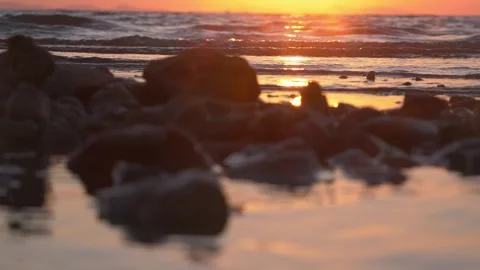 Golden sunset illuminating dark rocks along a calm ocean shore Stock Footage 337405079