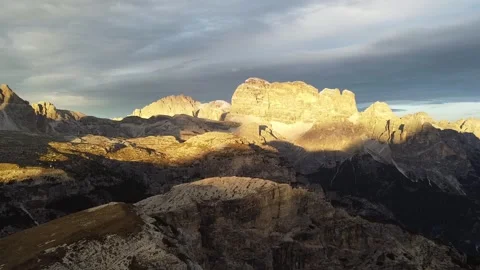 Golden Sunset Light Over Dolomites Near Tre Cime di Lavaredo, Aerial Drone View Stock Footage 327211465