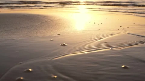 Golden sunset light reflects softly across wet sandy beach shore. Stock Footage 337413868