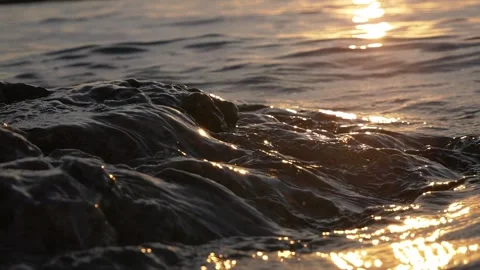 Golden sunset light shimmers brightly over wet dark coastal rocks. Stock Footage 337407742