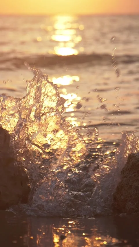 Golden Sunset Ocean Waves Splashing Against Rocks With Sunlight Reflection Stock Footage 337410651