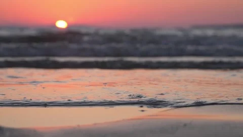 Golden sunset over calm ocean waves crashing on sandy beach Stock Footage 337414406