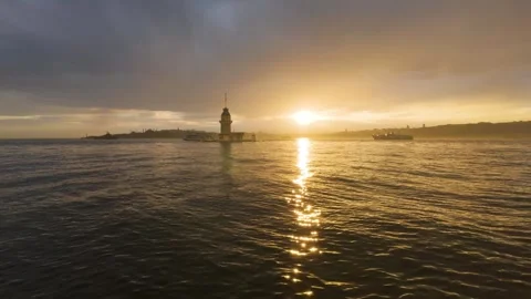Golden Sunset Over Maiden Tower in Istanbul Bosphorus Strait Turkey Stock-Footage 344610512