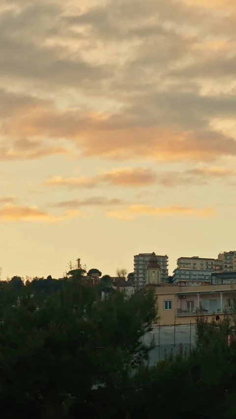 Golden sunset over Naples hillside, with umbrella pine silhouettes, soft Vídeo Stock 335962057