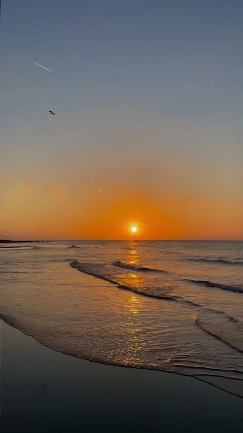 Golden sunset over the ocean beach with waves in Bali Stock Footage 337857798
