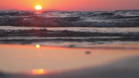 Golden Sunset Over Ocean Waves With Reflections On Wet Sandy Beach At Dusk Stock Footage 337307997