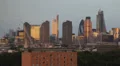 Golden Sunset Panoramic Aerial View City London Skyscrapers Skyline Canary Wharf HD Footage