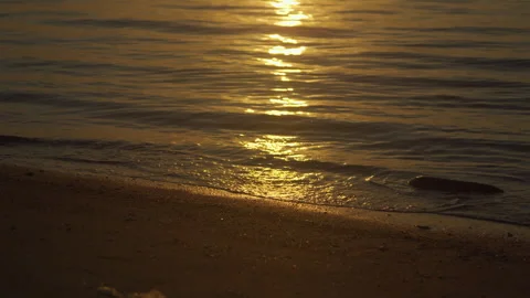 Golden Sunset Reflection on a Calm Tropical Beach Shoreline Stock Footage 336214843