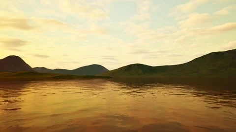 Golden Sunset Reflection on Lake with Green Hills - Summer Stock Footage 340221707