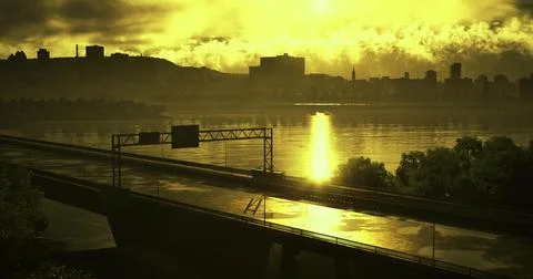 Golden sunset reflection over river with city skyline and highway Stock Illustration