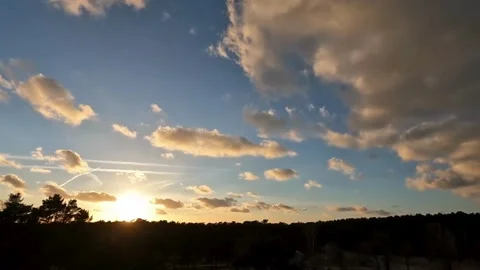 Golden sunset sky with moving clouds over a forest 스톡 동영상 336668803